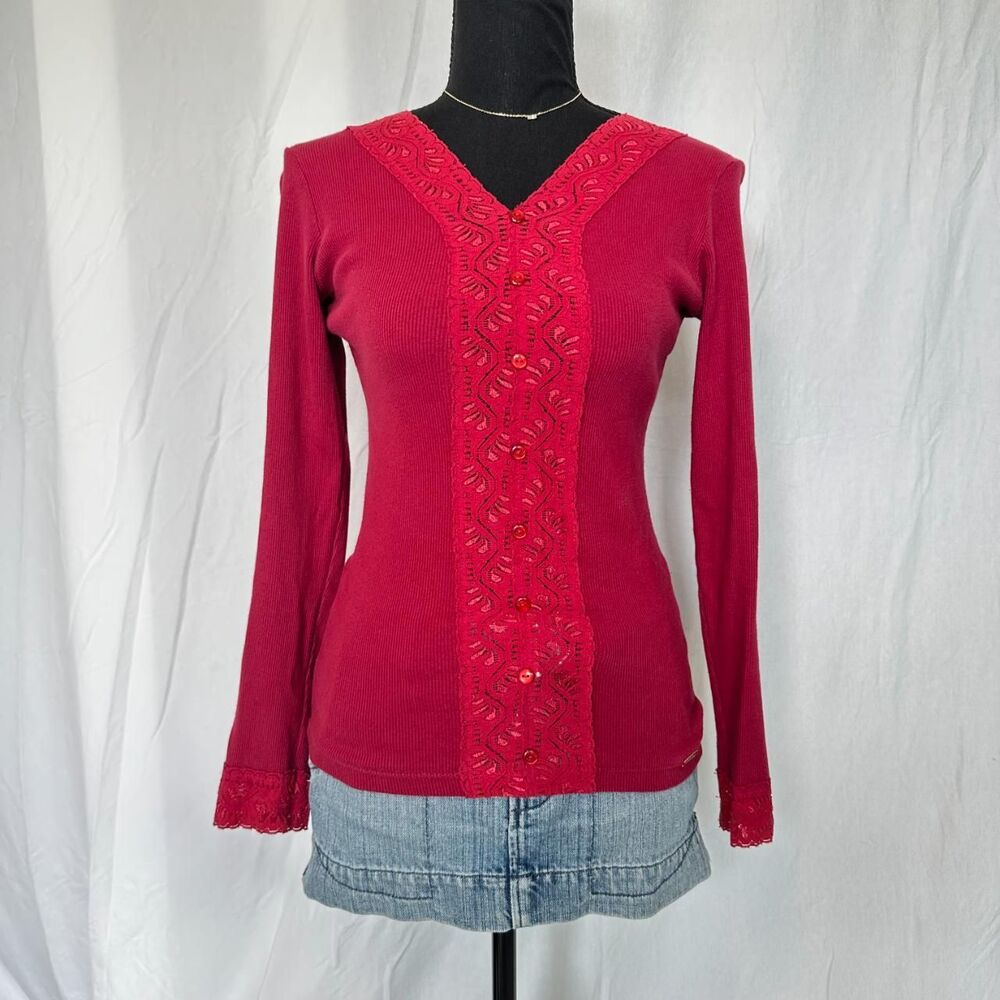 Vintage Lace Embroidered Magenta Long-Sleeve Top | Y2K 2000s Bella Swan Top